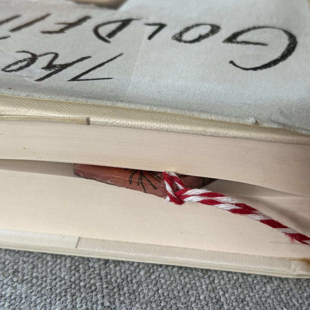 Close-up of a closed book with text and a red string coming from between the pages, on a textured surface.